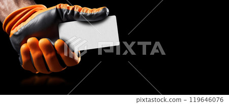 Hand with Protective Work Gloves Holding a Blank Business Card on Black Background- Generative Ai Hand with Protective Work Gloves Holding a Blank Business Card on Black Background- Generative Ai 119646076