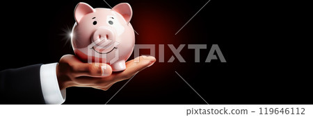 Hand of businessman Holding a Smiling Piggy Bank on a Black Background - Generative Ai 119646112
