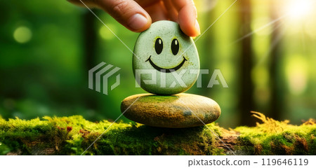 Hand Placing a Pebble with Smiling Face on Top of a Stack of Pebbles in the Forest - Generative Ai Hand Placing a Pebble with Smiling Face on Top of a Stack of Pebbles in the Forest - Generative Ai 119646119