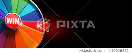 Multi Colored Wheel of Fortune Against a Black and Red Background with Copy Space - Generative Ai 119646221