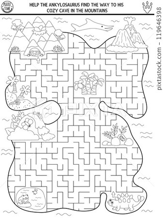 Dinosaur black and white maze for kids. Coloring page with ancient world landscape. Prehistoric line printable activity. Dino land geometric labyrinth game, puzzle. Help ankylosaur find way to cave 119646398