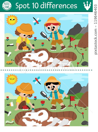 Find differences game for children. Dinosaur educational activity with paleontologists boy and girl on the dig and camp landscape. Puzzle for kids with archeologists. Printable worksheet, page 119646403
