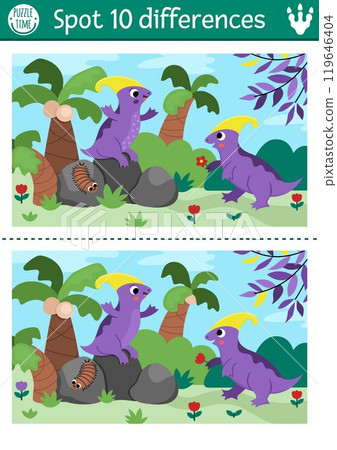 Find differences game for children. Dinosaur educational activity with Parasaurolophus going to his girlfriend and prehistoric landscape. Puzzle for kids with animal. Printable worksheet, page Find differences game for children. Dinosaur educational activity with Parasaurolophus going to his girlfriend and prehistoric landscape. Puzzle for kids with animal. Printable worksheet, page 119646404