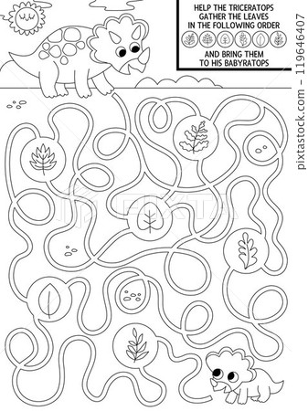 Dinosaur black and white maze for kids. Coloring page with ancient world landscape. Prehistoric line printable activity. Dino land labyrinth game, puzzle. Help triceratops bring leaves to baby 119646407