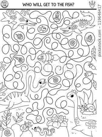 Marine dinosaur black and white maze for kids with ancient world landscape. Prehistoric line printable activity with plesiosaur, mosasaur, fish. Dino land labyrinth game, puzzle, coloring page Marine dinosaur black and white maze for kids with ancient world landscape. Prehistoric line printable activity with plesiosaur, mosasaur, fish. Dino land labyrinth game, puzzle, coloring page 119646417