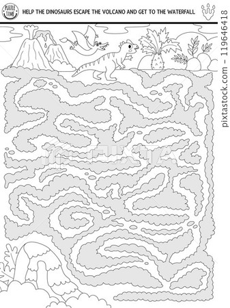 Dinosaur black and white maze for kids with ancient world landscape. Prehistoric line printable activity. Dino land labyrinth game, puzzle, coloring page. Help pterosaur escape erupting volcano Dinosaur black and white maze for kids with ancient world landscape. Prehistoric line printable activity. Dino land labyrinth game, puzzle, coloring page. Help pterosaur escape erupting volcano 119646418