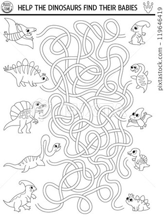Dinosaur black and white maze for kids with animals and their babies. Line prehistoric printable activity. Dino land labyrinth game, puzzle, coloring page with stegosaur, pterosaur and their children 119646419