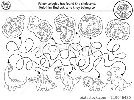 Dinosaur black and white maze for kids with animals and their skeletons. Line prehistoric printable activity. Dino land labyrinth game, puzzle, coloring page with paleontologist, T-rex, stegosaur 119646420