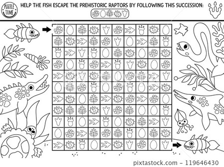 Marine dinosaur black and white maze with eggs, leaves. Prehistoric printable activity, coloring page. for kids. Logical line searching puzzle with succession of elements. Help fish escape raptors Marine dinosaur black and white maze with eggs, leaves. Prehistoric printable activity, coloring page. for kids. Logical line searching puzzle with succession of elements. Help fish escape raptors 119646430