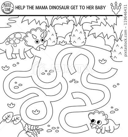 Black and white dinosaur maze for kids with ancient world landscape. Square prehistoric line printable activity. Dino land labyrinth game, puzzle, coloring page. Help triceratops get to his baby Black and white dinosaur maze for kids with ancient world landscape. Square prehistoric line printable activity. Dino land labyrinth game, puzzle, coloring page. Help triceratops get to his baby 119646431