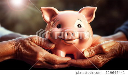 Wrinkled Hands of an Elderly Couple Holding a Smiling Pink Piggy Bank - Generative Ai 119646441