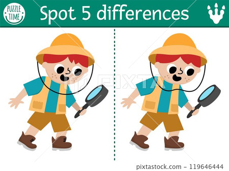 Find differences game for children. Dinosaur educational activity with paleontologists boy with looking glass. Puzzle for kids with archeologists or researcher. Printable worksheet, page Find differences game for children. Dinosaur educational activity with paleontologists boy with looking glass. Puzzle for kids with archeologists or researcher. Printable worksheet, page 119646444