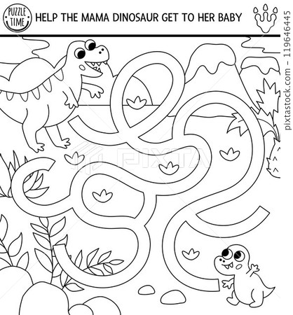Black and white dinosaur maze for kids with ancient world landscape. Square prehistoric line printable activity. Dino land labyrinth game, puzzle, coloring page. Help T-rex get to his baby Black and white dinosaur maze for kids with ancient world landscape. Square prehistoric line printable activity. Dino land labyrinth game, puzzle, coloring page. Help T-rex get to his baby 119646445