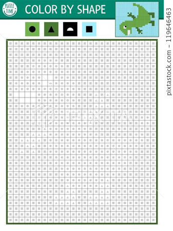 Vector dinosaur color by shape activity with square pixel grid. Prehistoric black and white counting or coloring game. Simple coloring page for kids with ancient animal Vector dinosaur color by shape activity with square pixel grid. Prehistoric black and white counting or coloring game. Simple coloring page for kids with ancient animal 119646463