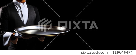 Waiter or Chef Holding a Silver Empty Serving Tray Isolated on Black Background - Generative Ai 119646474
