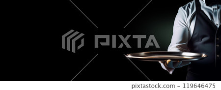 Waiter or Chef Holding a Silver Empty Serving Tray Isolated on Black Background - Generative Ai 119646475