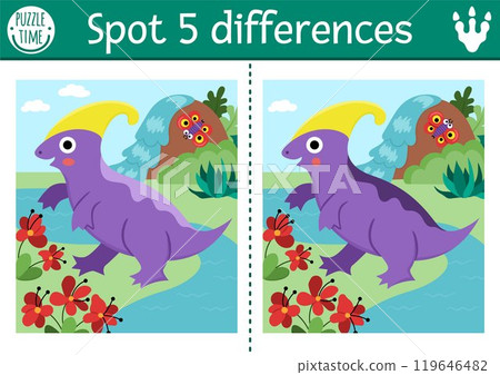 Find differences game for children. Dinosaur educational activity with Parasaurolophus and prehistoric landscape. Puzzle for kids with animal. Printable worksheet, page for attention skills Find differences game for children. Dinosaur educational activity with Parasaurolophus and prehistoric landscape. Puzzle for kids with animal. Printable worksheet, page for attention skills 119646482