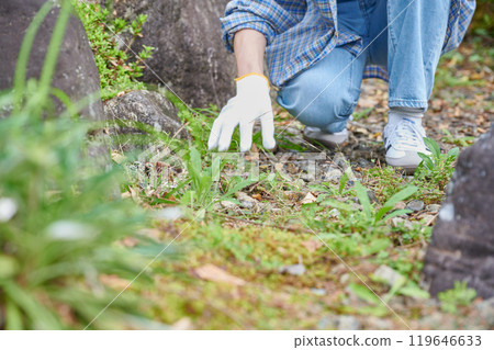 照顧花園、日本花園、鄉村、空屋、除草的婦女 119646633