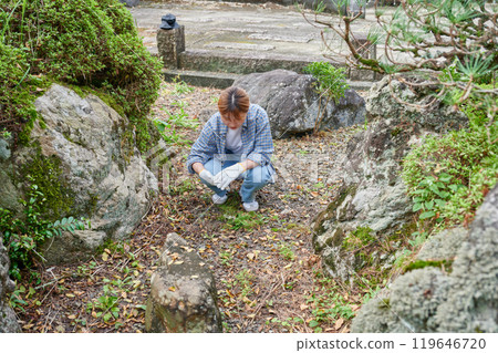 照顧花園、日本花園、鄉村、空屋、除草的婦女 119646720