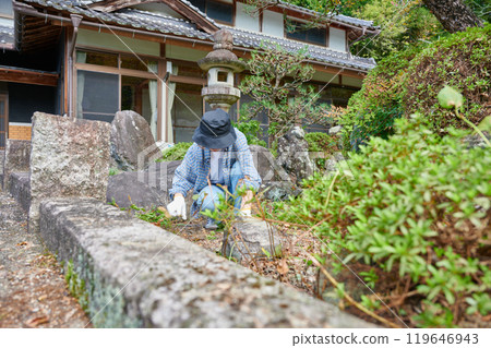 Woman taking care of the garden, Japanese garden, countryside, vacant house, weeding 119646943