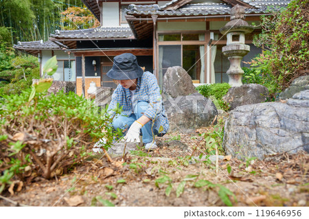 照顧花園、日本花園、鄉村、空屋、除草的婦女 照顧花園、日本花園、鄉村、空屋、除草的婦女 119646956