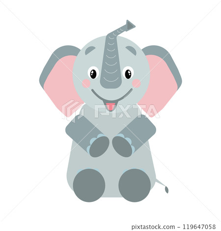 Happy baby elephant flat Vector illustration for designs, prints and patterns. Animal picture for kids. Isolated on white background 119647058