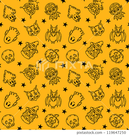 Seamless pattern with characters in doodle style on the theme of the Halloween holiday. Seamless pattern with characters in doodle style on the theme of the Halloween holiday. 119647250