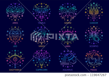 Collection of zodiac signs created in linear style. 119647267