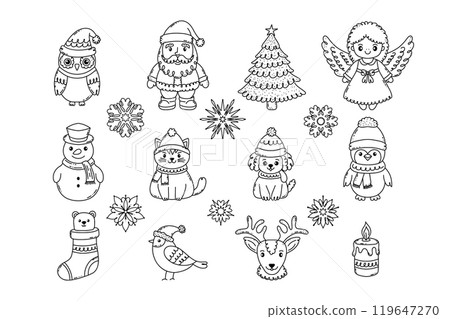Set of characters to celebrate Christmas in a simple doodle style. Set of characters to celebrate Christmas in a simple doodle style. 119647270