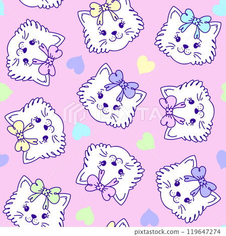 Seamless pattern features cute, hand drawn white cat faces with colorful bows Seamless pattern features cute, hand drawn white cat faces with colorful bows 119647274