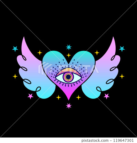 Heart with third eye in neon pink and blue tones Heart with third eye in neon pink and blue tones 119647301