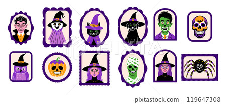 Doodle style character portraits with a Halloween theme. 119647308