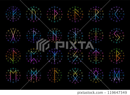 Collection of scandinavian runes in line art style on black background. Collection of scandinavian runes in line art style on black background. 119647349