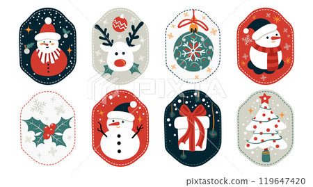 Set of isolated Christmas and New Year label in cute doodle style on transparent background. Volume 1 : Vivid red, green and black tone colors. 119647420