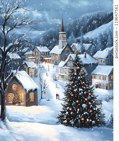 Winter village with Christmas trees and houses in the mountains. Digital painting. Winter village with Christmas trees and houses in the mountains. Digital painting. 119647561