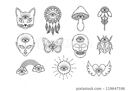 Collection of hand drawn elements in doodle style with mystical all seeing eye. Collection of hand drawn elements in doodle style with mystical all seeing eye. 119647596