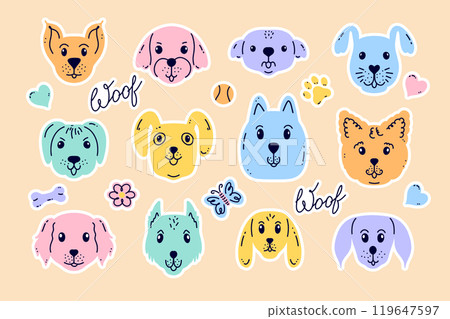 Collection of stickers with dog faces 119647597
