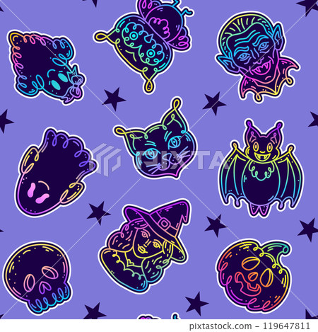 Seamless pattern with characters in doodle style on the theme of the Halloween holiday.  119647811