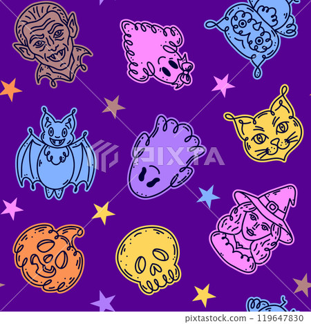 Seamless pattern with characters in doodle style on the theme of the Halloween holiday. Seamless pattern with characters in doodle style on the theme of the Halloween holiday. 119647830