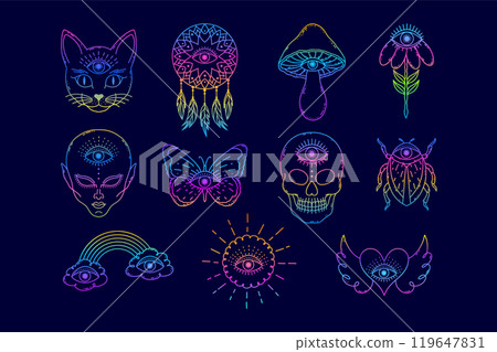 Set of elements in doodle style with mystical eye Set of elements in doodle style with mystical eye 119647831