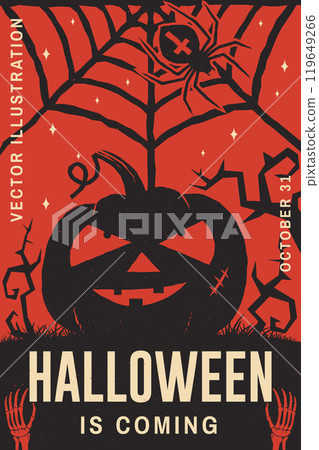 Halloween is coming poster concept. Halloween retro invitation template with spider, web, pumpkin. Vector illustration Halloween is coming poster concept. Halloween retro invitation template with spider, web, pumpkin. Vector illustration 119649266