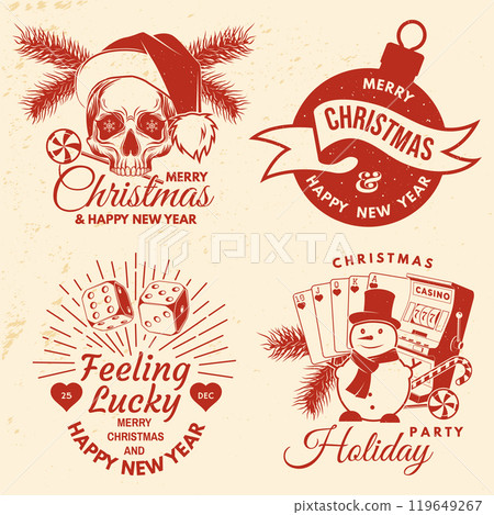 Set of Lucky Christmas casino night. Vintage print, logo, badge design with santa claus, casino dice, snowman, poker playing card, slot machines and sweet candy cane. Vector illustration. Set of Lucky Christmas casino night. Vintage print, logo, badge design with santa claus, casino dice, snowman, poker playing card, slot machines and sweet candy cane. Vector illustration. 119649267