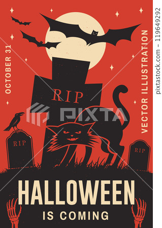 Halloween is coming poster concept. Halloween retro invitation template with cat on cemetery. Vector illustration Halloween is coming poster concept. Halloween retro invitation template with cat on cemetery. Vector illustration 119649292