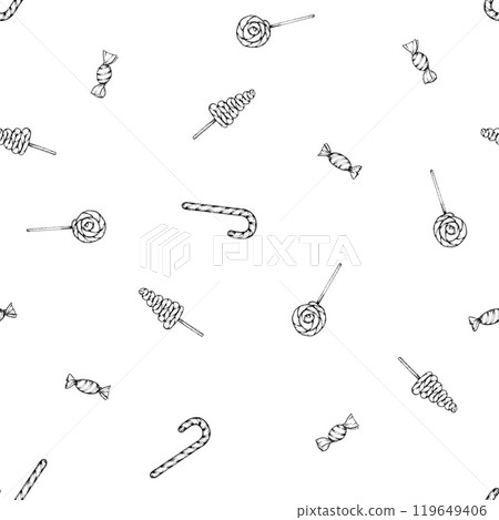 Seamless vector hand drawn ink pattern of lollipops and candy canes. Festive sweets background for Christmas designs, prints for confectioners, bakeries packaging, wrapping paper, textile Seamless vector hand drawn ink pattern of lollipops and candy canes. Festive sweets background for Christmas designs, prints for confectioners, bakeries packaging, wrapping paper, textile 119649406