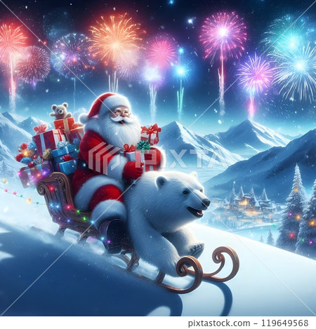 Santa Claus joyfully rides a polar bear pulling a sled full of gifts as vibrant fireworks light up the snowy sky. The winter mountains and snow-covered trees create a festive scene. 119649568