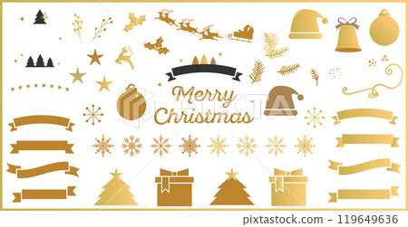 Stylish Christmas decoration material set, no text, vector illustration, gold frame, white background 119649636