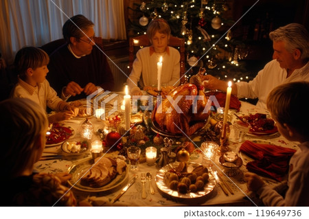 A family gathers around a beautifully set table for a Christmas dinner, featuring candles, ornaments, and a roast turkey, all captured in cozy, intimate lighting 119649736