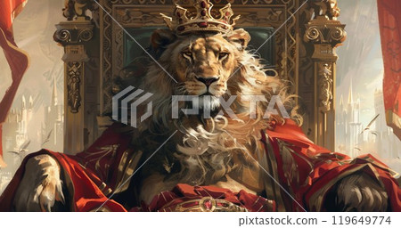 lion king in golden crown and on throne 119649774