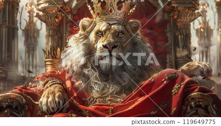 lion king in golden crown and on throne 119649775