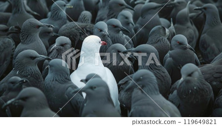 white bird between black and grey, standing out from the crowd, originality and uniqueness, one of a kind, different and extraordinary person concept 119649821